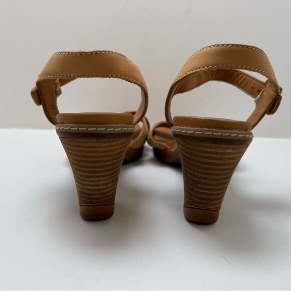 Timberland Womens Sz 8.5 Sandals Heels Tan Leather Ankle Strap Open Toe - Picture 4 of 10